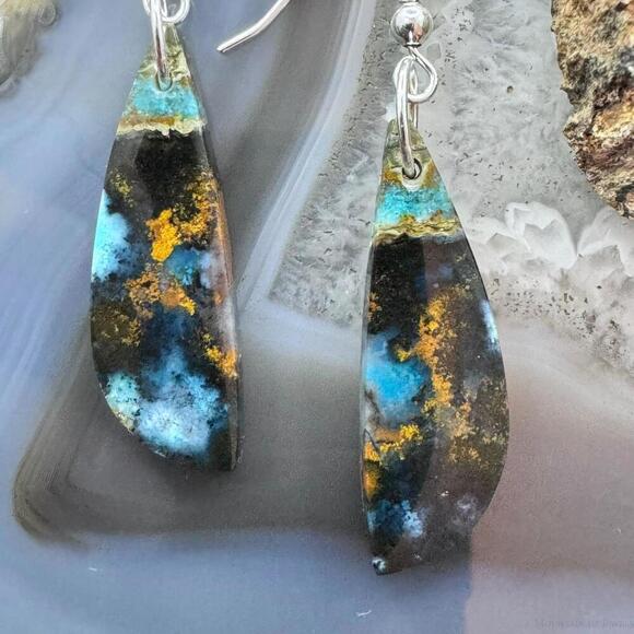 Sterling Elongated Triangle Chrysocolla Slab Dangle Earrings For Women #229 - Picture 6 of 10
